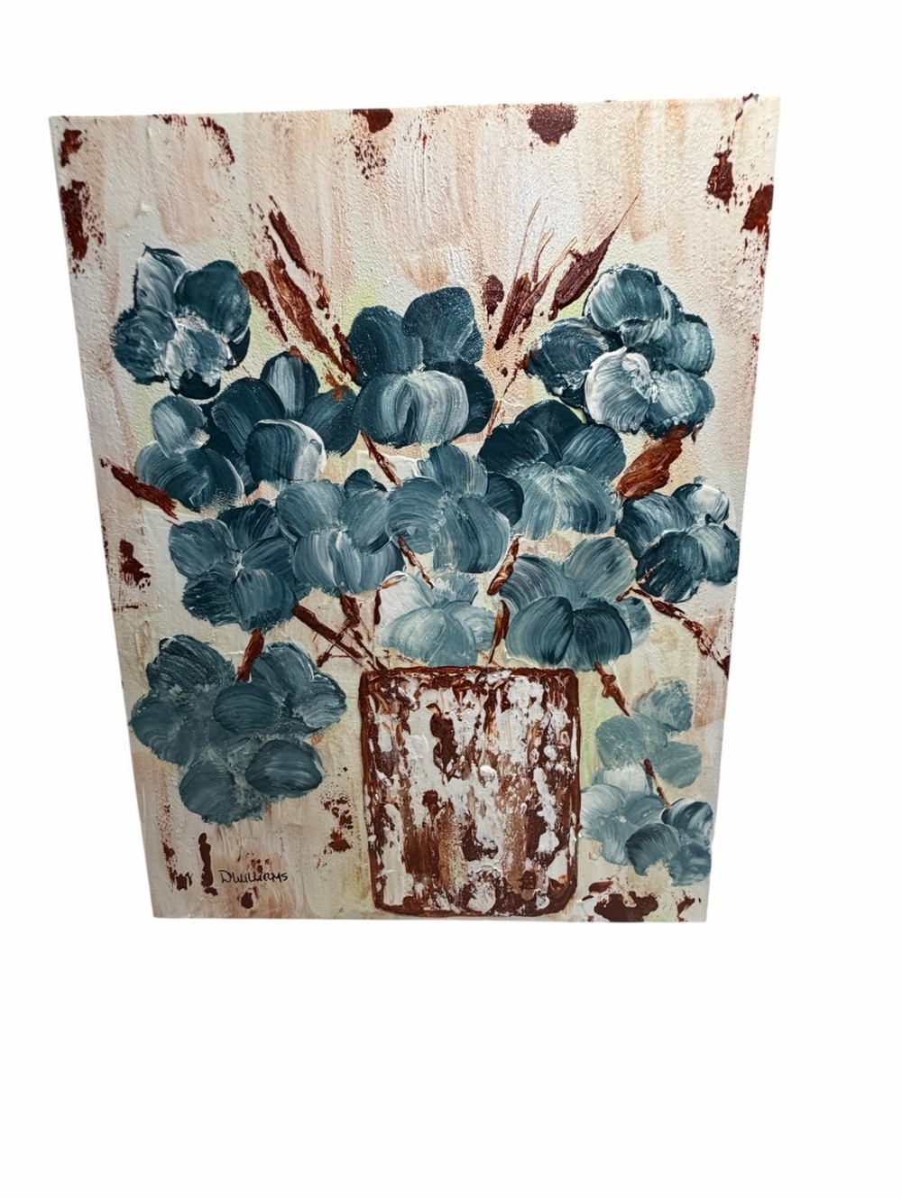 Original Artwork Acrylic on Canvas Blue and Rust Floral Textured Painting 11x14"